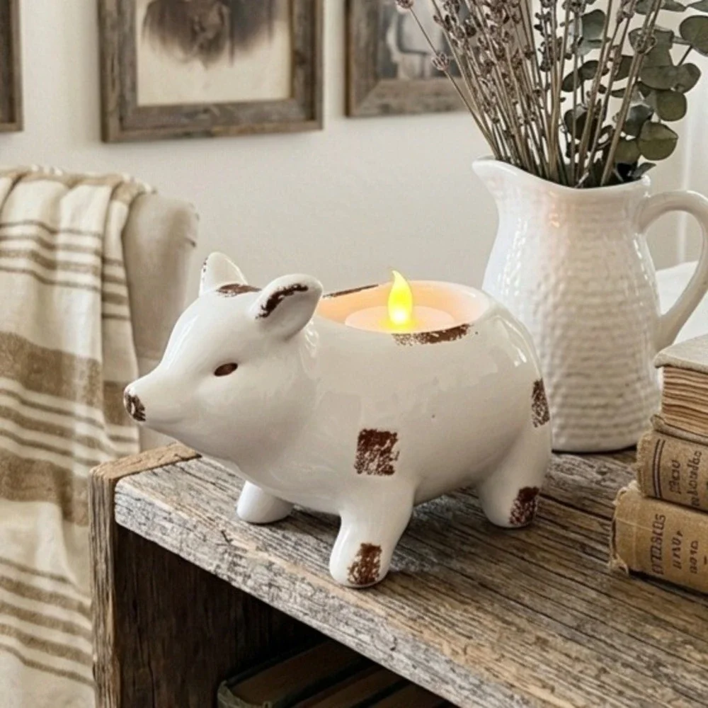 Ceramic Pig LED Tealight Votive Candle Holder White Brown Distressed Farmhouse